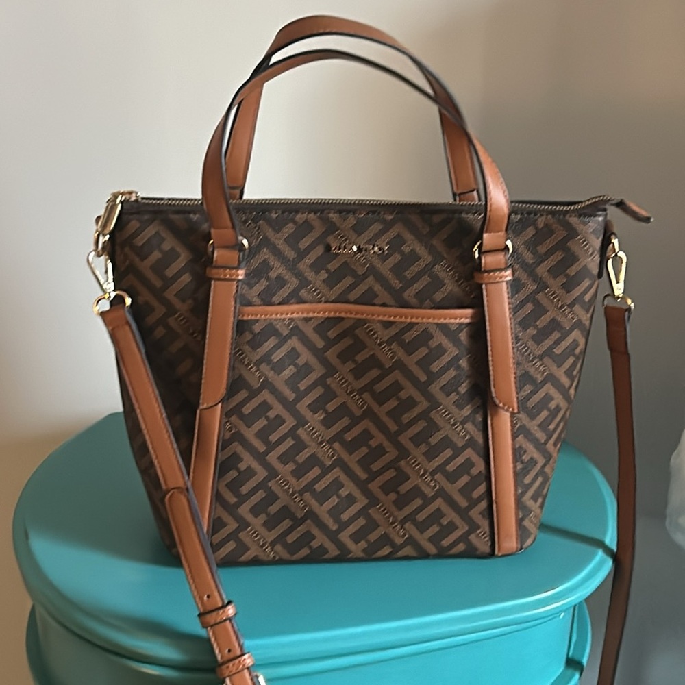Ellen Tracy Brown Signature Collection Brown Logo Printed Tote with Strap - Picture 10 of 10